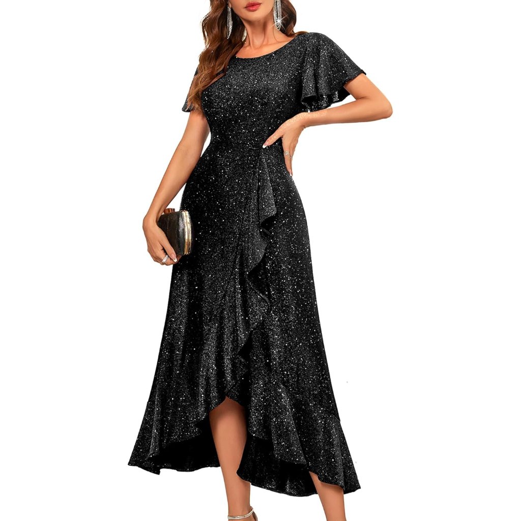 Women Sequin Formal Party Dress Flutter Short Sleeve Wedding Cocktail Long Eveni